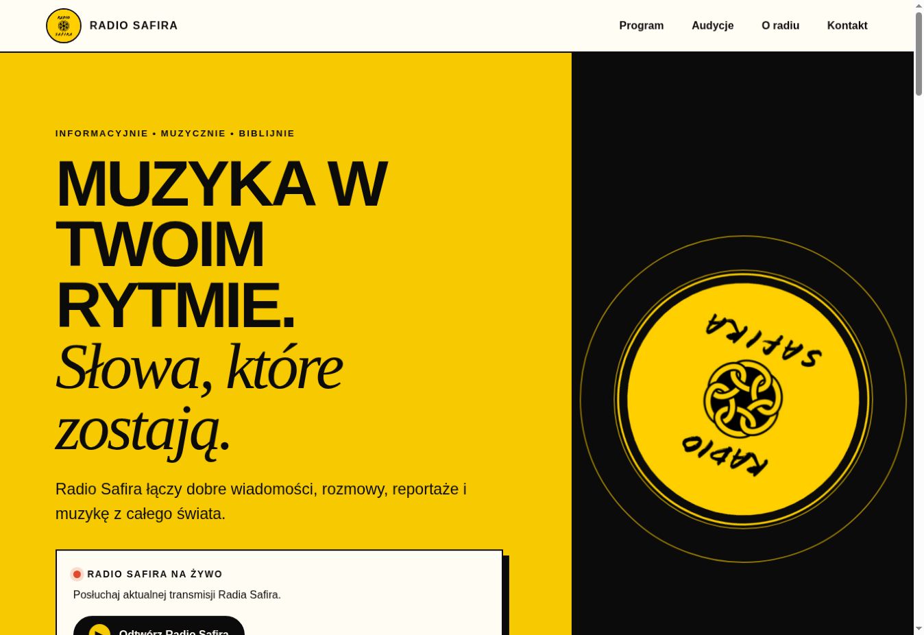 Zrzut strony Radio Safira: Muzyka w Twoim rytmie. Słowa, które zostają.